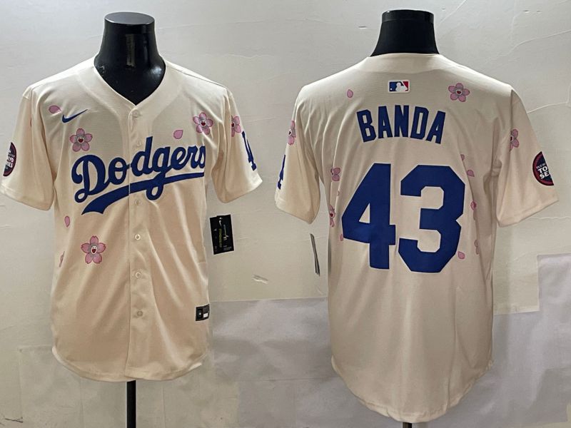 Men Los Angeles Dodgers 43 Banda Cream White Blue Sakura Edition 2025 Nike MLB Jersey style 9